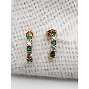 Vintage 10K Gold Half Hoop Huggie Post Earrings With Diamonds And Emeralds